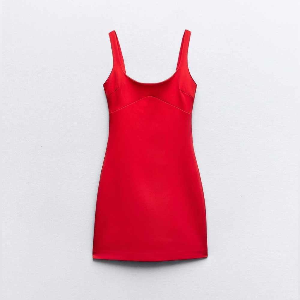 Zara Red Tailored Mini Dress with Scoop Neck Red
